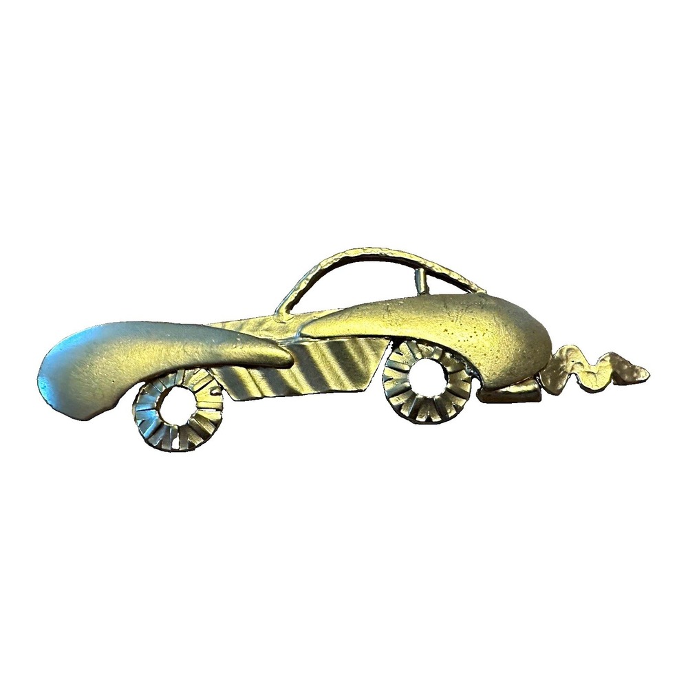 Vintage 80s Oversized Classic Car Brooch Gold Tone Modernist Race Car Pin